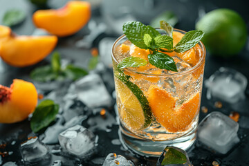 Cocktail with peach-mint and lime and ice cubes - obrazy, fototapety, plakaty