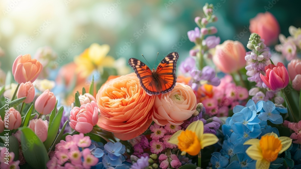 Wall mural Butterfly Perched on a Bouquet of Spring Blooms. Lush Garden of Blooming Rose ranunculus in Soft Morning Light. Floral spring wallpaper background