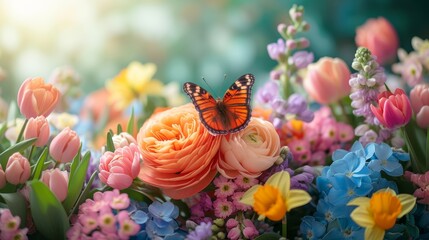 Butterfly Perched on a Bouquet of Spring Blooms. Lush Garden of Blooming Rose ranunculus in Soft Morning Light. Floral spring wallpaper background - obrazy, fototapety, plakaty