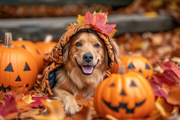 playful dog in a Halloween costume with pumpkins and fall leaves Cute Halloween puppy