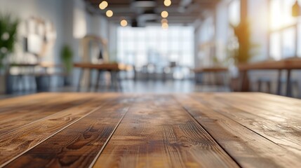 Empty Wooden Table in Bright Modern Cafe