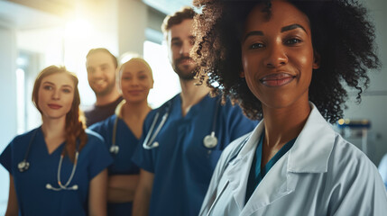 Fototapeta premium Diverse group of medical professionals, with a doctor in a white lab coat and stethoscope at the forefront, smiling at the camera.