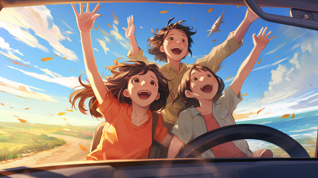 Anime Style Illustration: Young People Joyfully Riding in Open Car on Summer Vacation, Expressing Excitement and Happiness with Wind in Hair, Speed, and Adventure