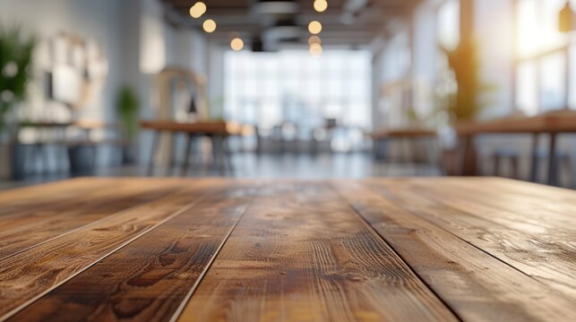 Empty Wooden Table in Bright Modern Cafe
