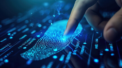 Digital banking. Cybersecurity. Data protection. Close-up of a man scanning his fingerprint for biometric identity and approval. Future security concept, password control through fingerprints.