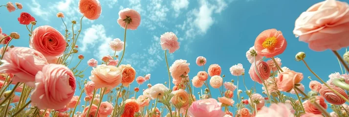 Foto auf Glas A vast expanse of pink flowers fills the field as they reach towards the clear blue sky. © nnattalli