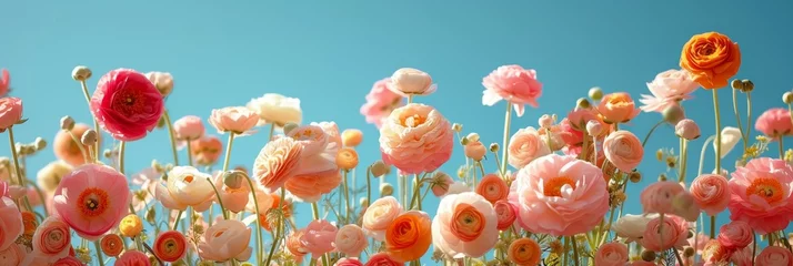 Foto auf Acrylglas A beautiful field filled with vibrant flowers set against a clear blue sky. © nnattalli