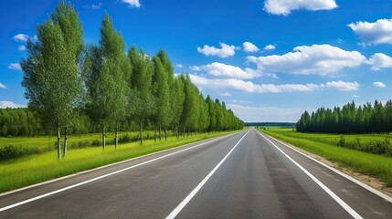 highway in the grassland background of blue sky and bright clouds, long road stretches into the distance. empty street on a beautiful sunny day