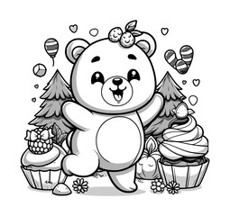 happy and cute bear - cartoon character style black and white (artwork 7)