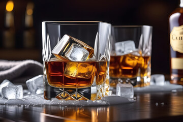 Glass of whiskey with ice. 
