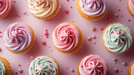 Birthday cupcakes on pink background, birthday celebration