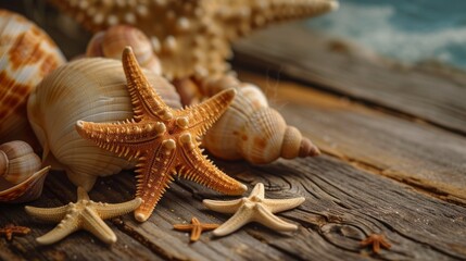Fototapeta na wymiar Starfish and Seashells on Wooden Surface