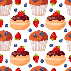 Seamless pattern with Berry cupcake and donut. Sweet food. Signs of confectionery or bakery, cafe or restaurant menu. Sweets and candy shop. Repeated background for wallpaper, textile, packing.