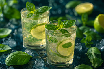 Glass of organic lime lemonade with basil.
