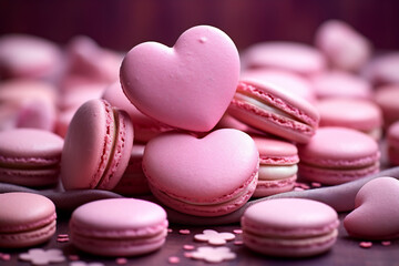 Obraz premium Sweet Bliss: Pink Macarons. Valentine's Day sweets. Pink macaroons heart shaped