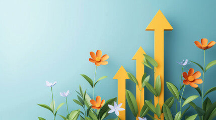 Financial arrows move upward through flowers against a blue wall. The concept of profit, growth, success. - obrazy, fototapety, plakaty