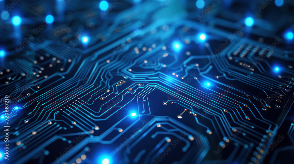 Poster close-up of a chip on a printed circuit board, microprocessor. printed diagram. location of tracks. 