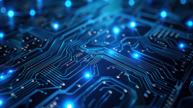 Close-up of a chip on a printed circuit board, microprocessor. Printed diagram. Location of tracks. Technology concept.