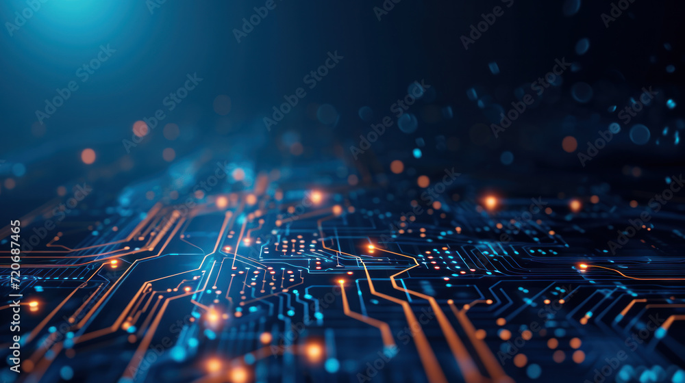 Poster close-up of a chip on a printed circuit board, microprocessor. printed diagram. location of tracks. 