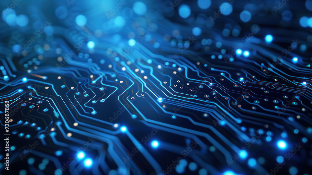 Poster close-up of a chip on a printed circuit board, microprocessor. printed diagram. location of tracks. 