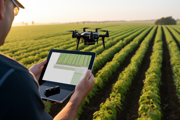  A farmer meticulously monitors crop health using a drone, exemplifying the integration of technology in agriculture.