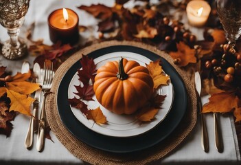 Obraz na płótnie Canvas Autumn place setting with fall leaves napkin and pumpkins Thanksgiving autumn place setting with cut