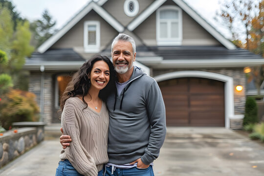 Middle-aged couple stands in front of house, real estate property