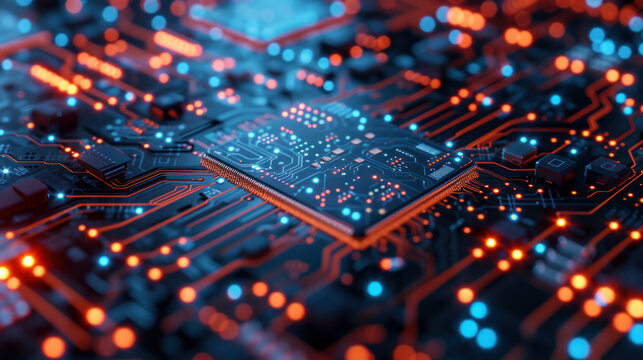 Advanced technology. PCB processor microchip, digitization of neural networks. Digital lines transmit data. Technology concept.