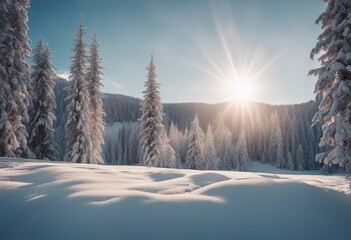 Beautiful winter landscape Majestic white spruces glowing by sunlight Picturesque and gorgeous wintr