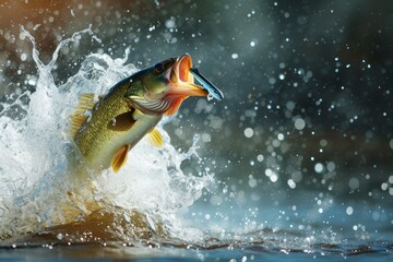 Largemouth Bass Leaping at Lure with Water Splashes