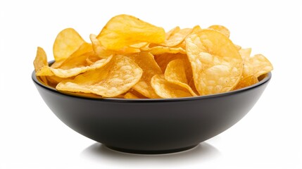 Bowl full of decicious potato chips isolated on white background.