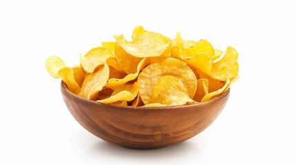 Bowl full of decicious potato chips isolated on white background.