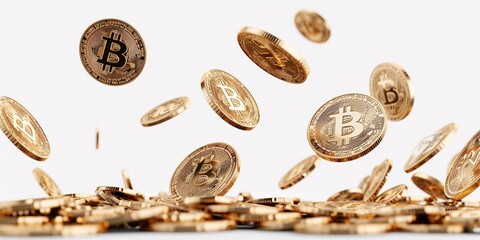 Falling bitcoin tokens on white background.