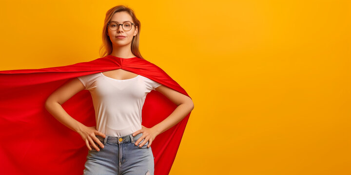 Confident woman wearing superhero cape on yellow background with copy space.