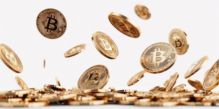 Falling bitcoin tokens on white background.