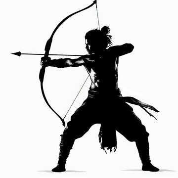 recommend clip art: Archery tag. Warrior pose archer, black and white only, silhouette graphics
