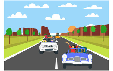 Couple enjoying road trip by their car.  Traveling vector illustration.