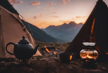 Camp fire and tea pot tent and mountains in the background at sunset Travel concept and Hobbies