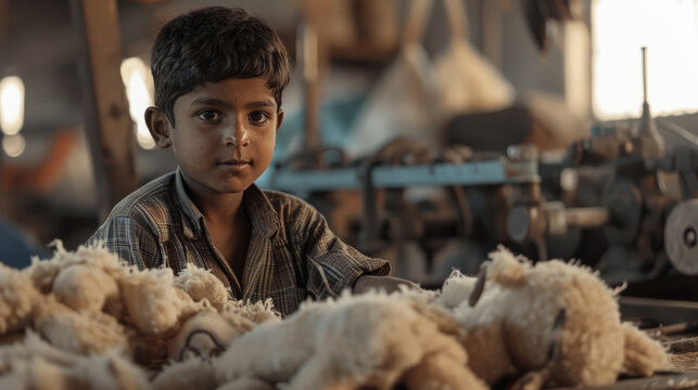 Indian child is producing stuffed toy, workshop on the background, child labour as a problem