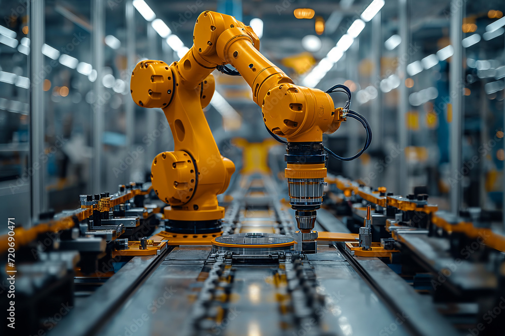 Poster yellow robotic arm in a factory.