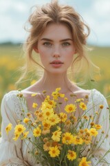 Naklejka premium Young Caucasian Woman Holding Yellow Flower Bouquet