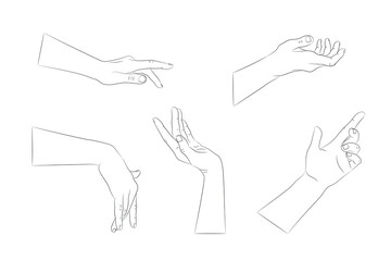Set of hand drawn human hands with different gestures. Hand outline with an empty contour. Vector illustration