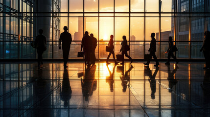 Airport terminal during sunset with passengers silhouetted against the bright windows