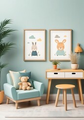 Fototapeta na wymiar Childrens Illustration Of Stylish Home Living Room Interior With Chairs And Drawer, Mockup Frame