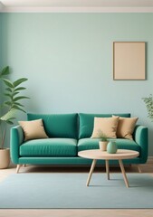 Childrens Illustration Of Minimalist Living Room Interior With Modern Blue Sofa, Green Armchair And Beige Plasters Walls. Interior Mockup, 3D Render