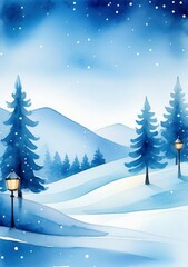 Childrens Illustration Of High, Narrow, Simple Background Watercolor Drawing Abstract Blue Light Winter Background Blurred Snowfall Nature Theme