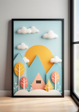 Childrens Illustration Of Mockup Poster Frame Close Up Near Window, 3D Render