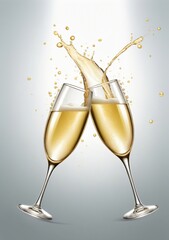 Childrens Illustration Of Champagne Glasses Toasting With Champagne Splashing In An Isolated And White Png Celebration-Themed, Photorealistic Illustration.