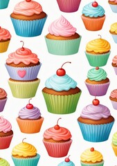 Childrens Illustration Of Cupcake Muffin With Icing Frosting On White Background Cutout. Png File. Many Assorted Different Flavour. Mockup Template For Artwork Design