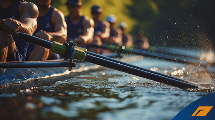A Row of Rowers Rowing Down a River - obrazy, fototapety, plakaty
